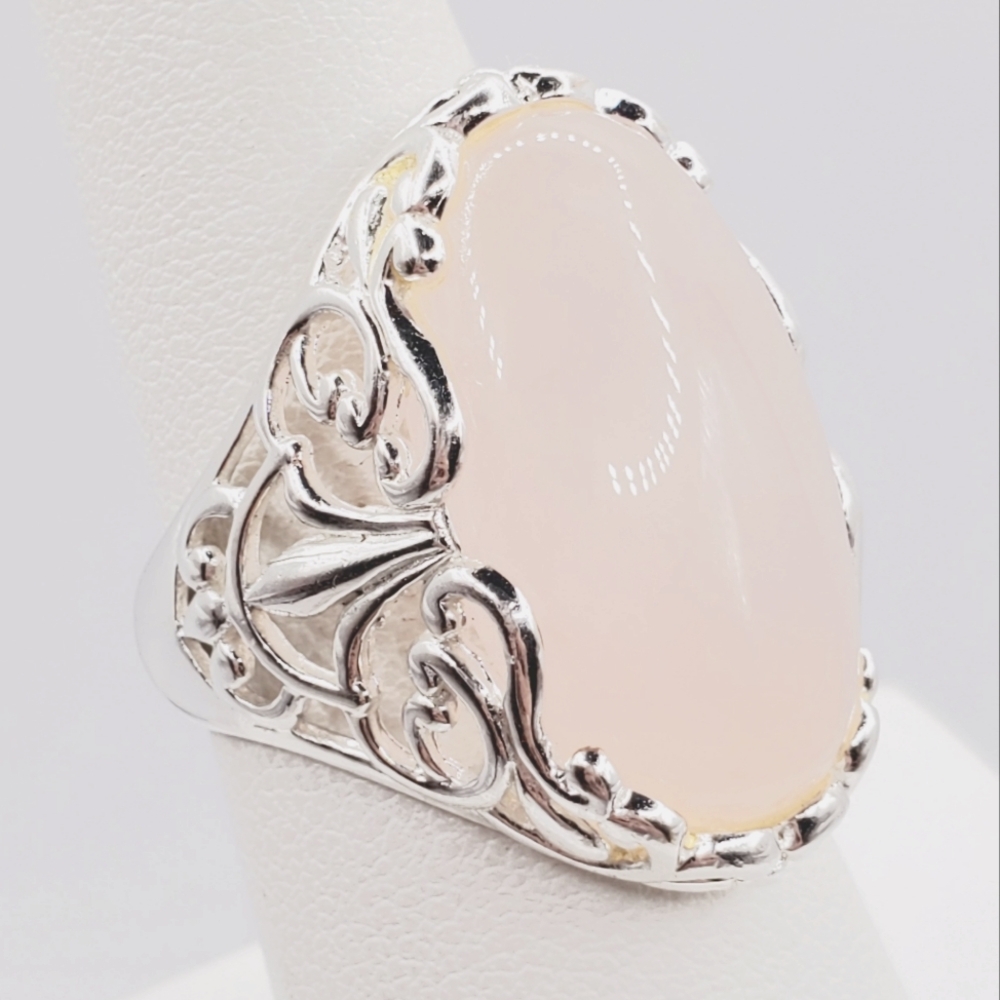 925 Sterling Silver Ring Blush Pink Ring Quartz  Ring Ornate Ring size 8